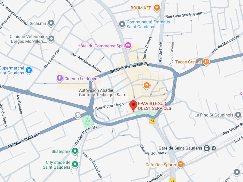 Carte centrée sur EPAVISTE SUD OUEST SERVICES, près du Bd Charles de Gaulle à Saint-Gaudens. Visible : Cinéma Le Régent, Gare SNCF.